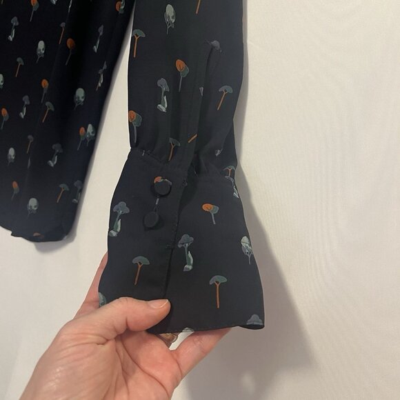 Ann Taylor Women Top Blouse Blue Small Size Trees Print  Long Sleeve Round Neck - Picture 4 of 8